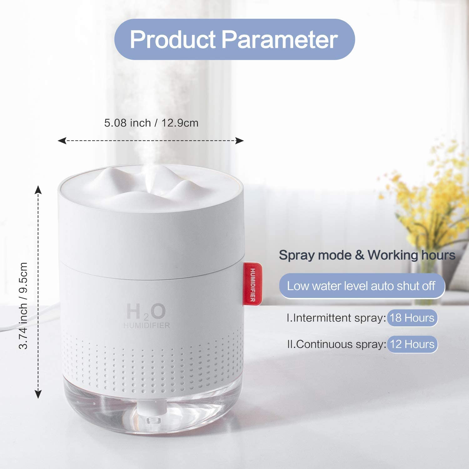 HANNEA 500ml Mini Silent Humidifier Household Car Humidifier Desktop Humidifier with Atmosphere Light Car Office Kids Room Bedroom Auto Shut-Off, 2 Spray Modes,LED (white)
