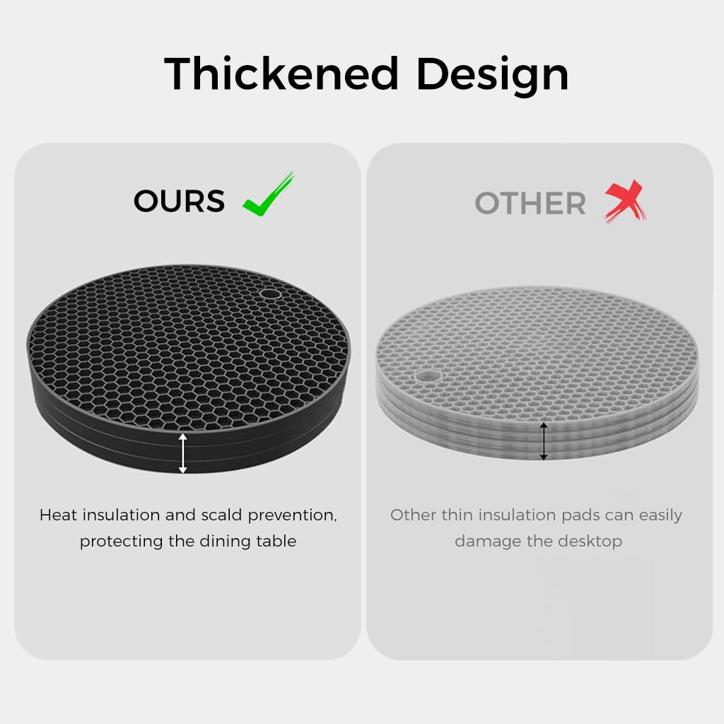 ZIBUYU Trivet Mats for Kitchen Round Silicone Trivets for Dining Table Surface Protector Honeycomb Design Round Silicone Coaster for Hot Utensils, Cup, Hot Plate Mats for Kitchen (7 inch), Black - 3