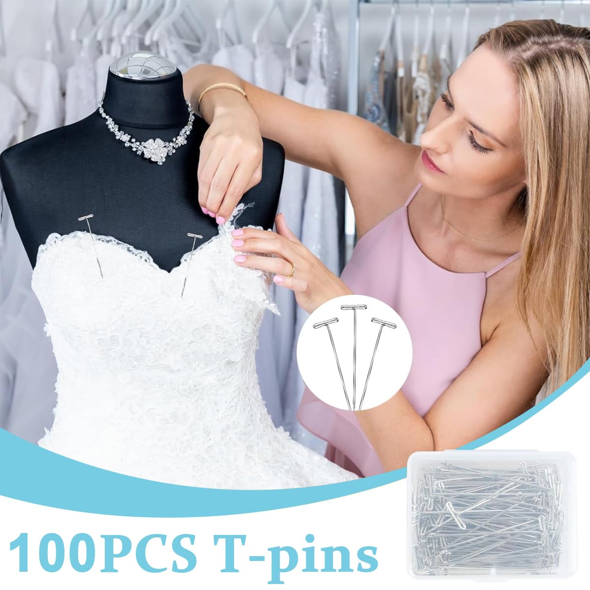 MAYCREATE 100PCS T Pins, 2 inch Sewing Pins, Long Straight Pins for Sewing, Foam Head, Modelling, Wig Making and Craft, Quilting and Blocking Decoration with Storage Box
