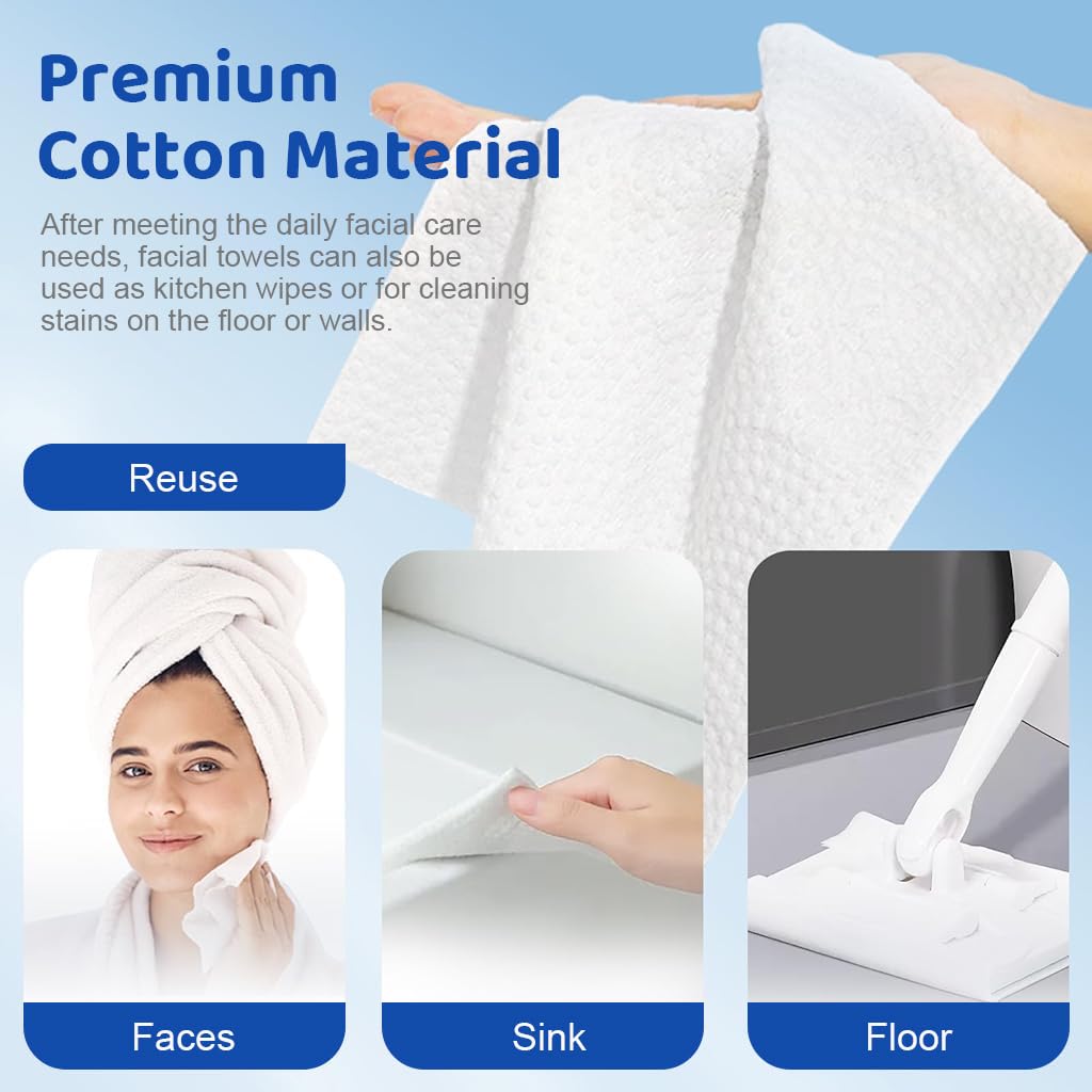 MAYCREATE Disposable Face Towel, 50 Count 100% Cotton Ultra-Soft Quick-Dry Facial Tissue, Gentle for Sensitive Dry Oily Skin, Facial Towels for Daily Cleansing Makeup Removal
