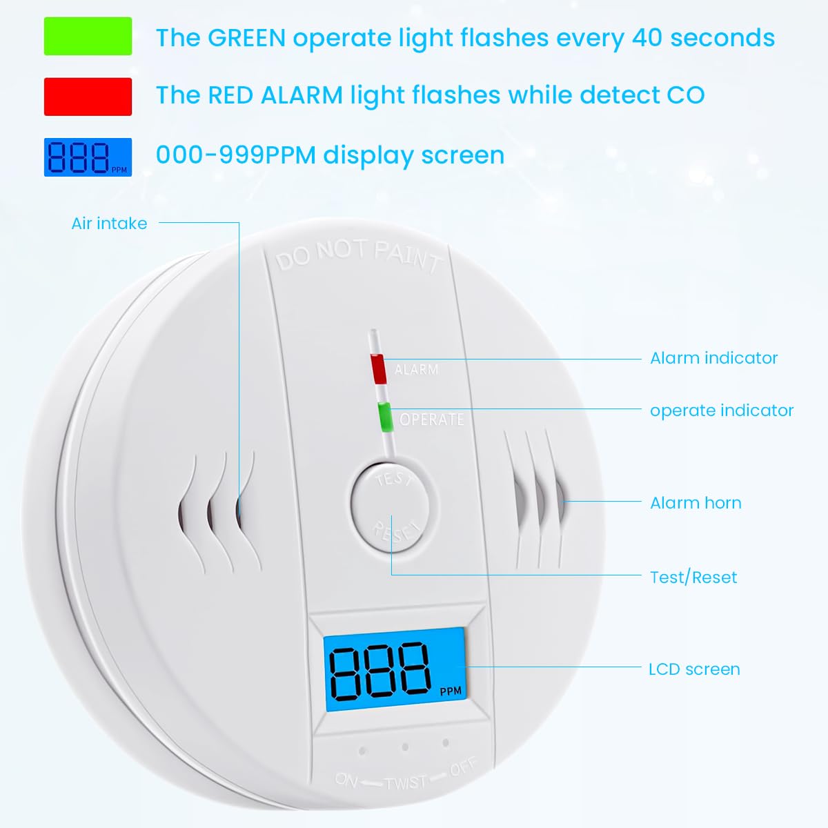 HASTHIP Carbon Monoxide Detector Alarm 85DB Replaceable Battery-Operated Carbon Monoxide Alarm Detectors with Digital Display & LED Lights CO Alarm Device for Kitchen Bathroom (Battery NOT Included)