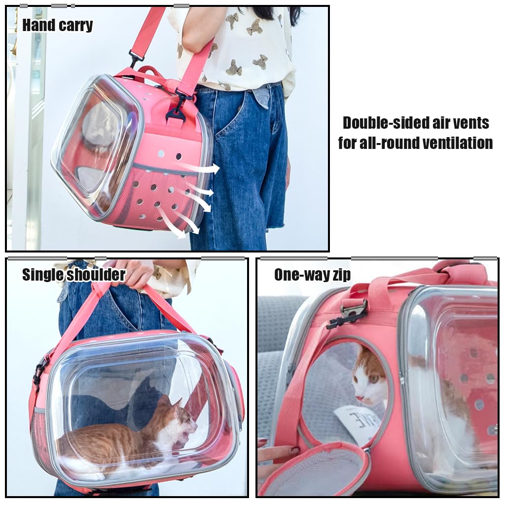Qpets Transparent Cat Bag Carrier Backpack Hard Case PVC, Pet Carrier with Shoulder Strap, Cat Carrier with Dual Side Breathable Holes, Travel Pet Carrier for Cat, Kitten(Fit Within 9KG Cat)