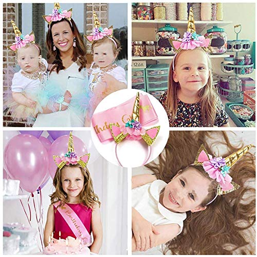 PATPAT Satin Unicorn Headband and Pink Sash, Gold, 1 x Gold Glitter Unicorn Horn Headband, 1 x Pink; Gold Satin Unicorn Birthday Girl Sash
