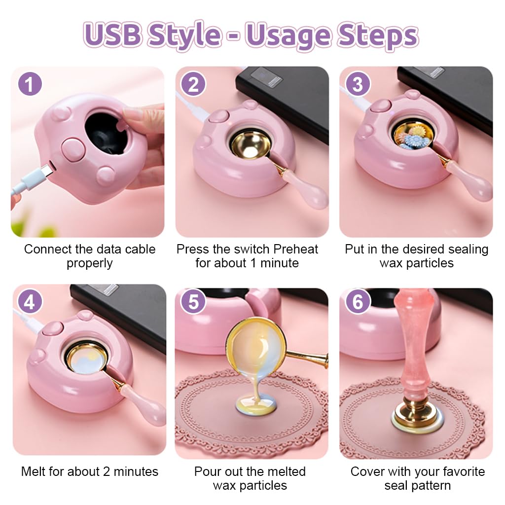 HASTHIP Electric Wax Seal Warmer Kit USB Wax Warmer Machine with Melting Spoon Cartoon Electric Wax Seal Seal Warmer Furnace for DIY Wax Seal Stamp DIY Envelope Seal Crafts