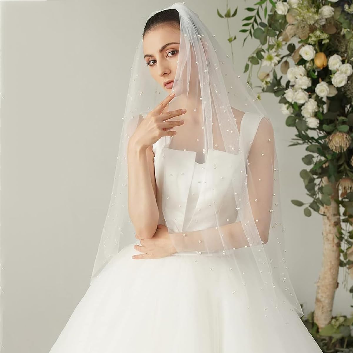 PALAY Pearl Bridal Veil for Wedding White 1 Tier 1m Cathedral Tulle Veil with Comb, Elegant Fingertip Length Wedding Veil for Bride
