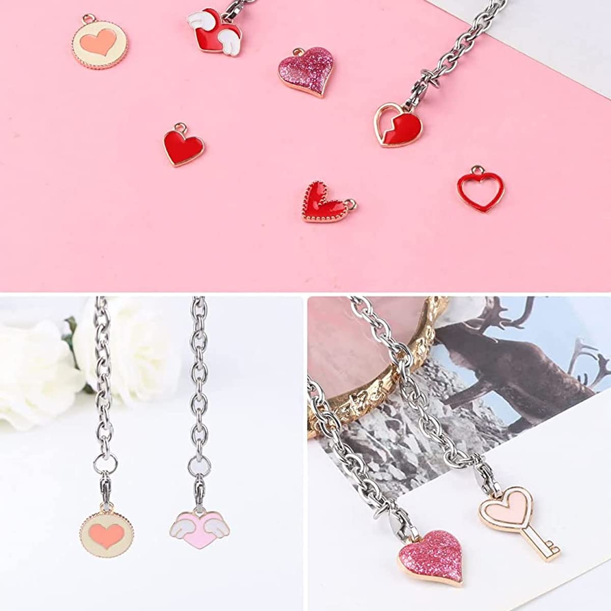 MAYCREATE 50Pcs Enamel Charms for Jewellery Making Heart Shaped Pendants Set Mixed Bulk Metal Earring Charms Necklace Bracelet Charms for Jewelry Making and DIY Crafting