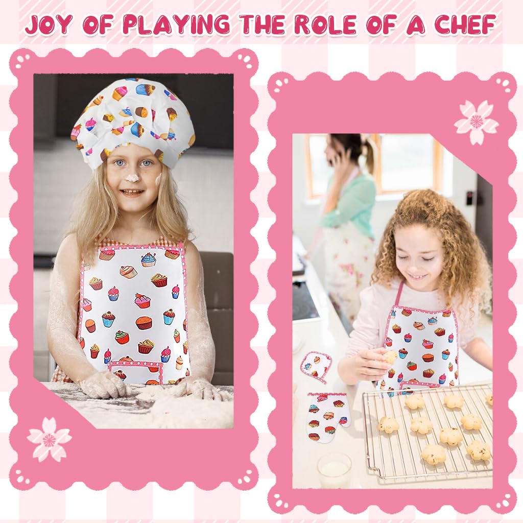 SNOWIE SOFT Chef Dress for Girl 3-7 Years Old, 4pcs Kitchen Costume Role Play Kits, Girls Apron with Chef Hat, Cooking Mitt and Print Insulation Pad Themed Photography Props