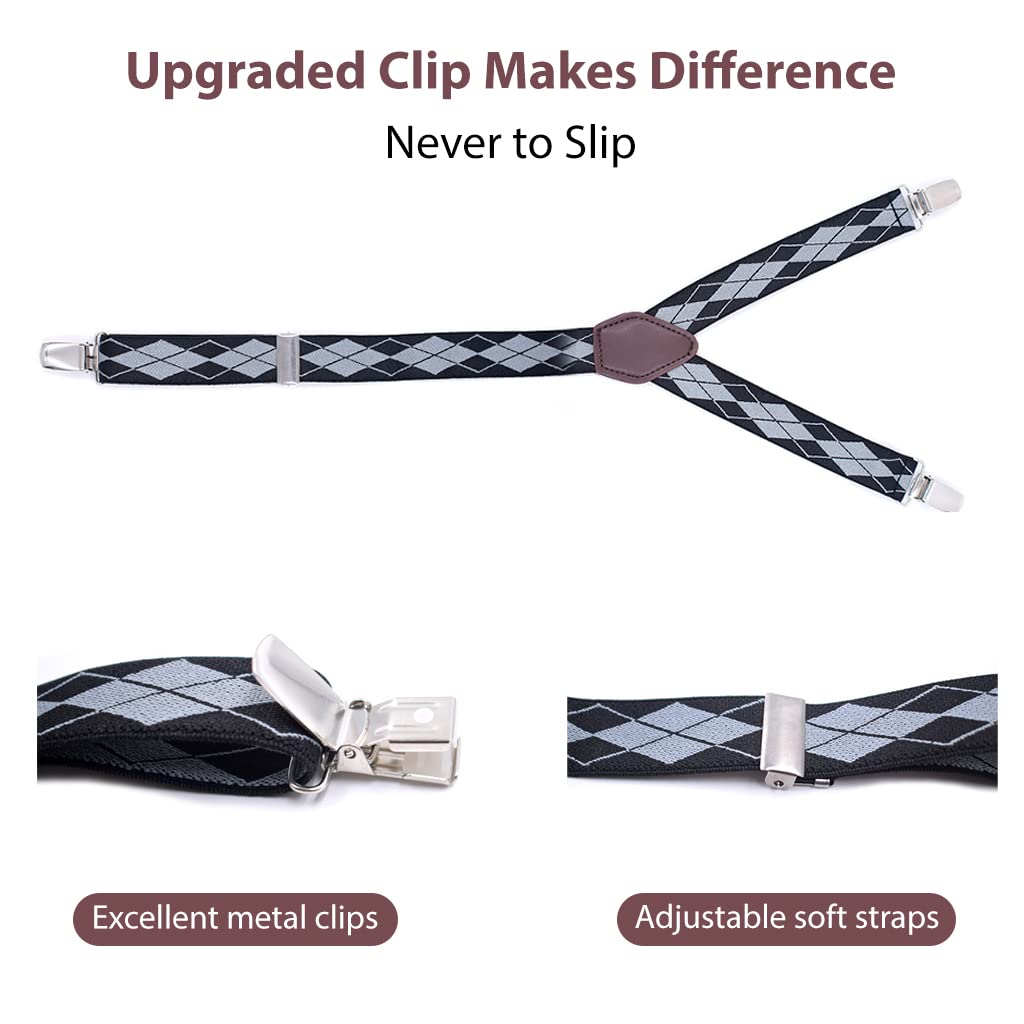 GUSTAVE Y-Style Garters Shirt Stays with Non-Slip Locking Clamps and Adjustable Belt Strap (Black/Grey)