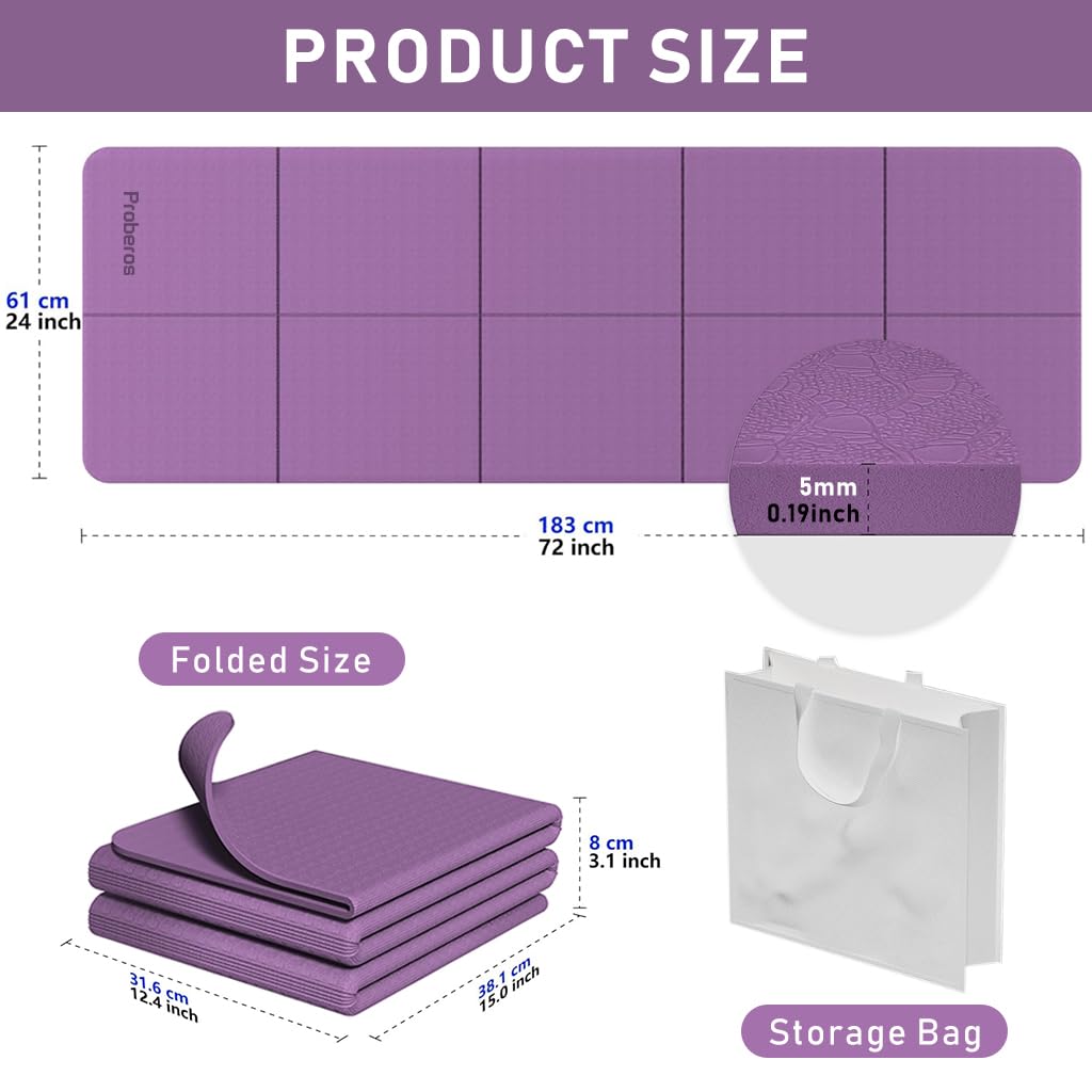 Proberos Portable Folding Yoga Mat with Carry Bag TPE Yoga Mat Anti-slip 5mm Thicken Fitness Yoga Mat for Men Women Pilates Mat for Home Workout, Gym, Travel, 72x24 inches, Purple