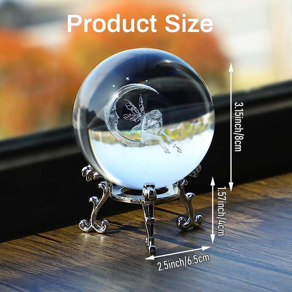 HASTHIP 8cm/3.15inch 3D Moon & Fairy Crystal Ball, Glass Sphere Laser Engraved Ball with Sliver-Plated Flowering Stand, Christmas Home Decor Desk Ornament Birthday Gift Festival Gift