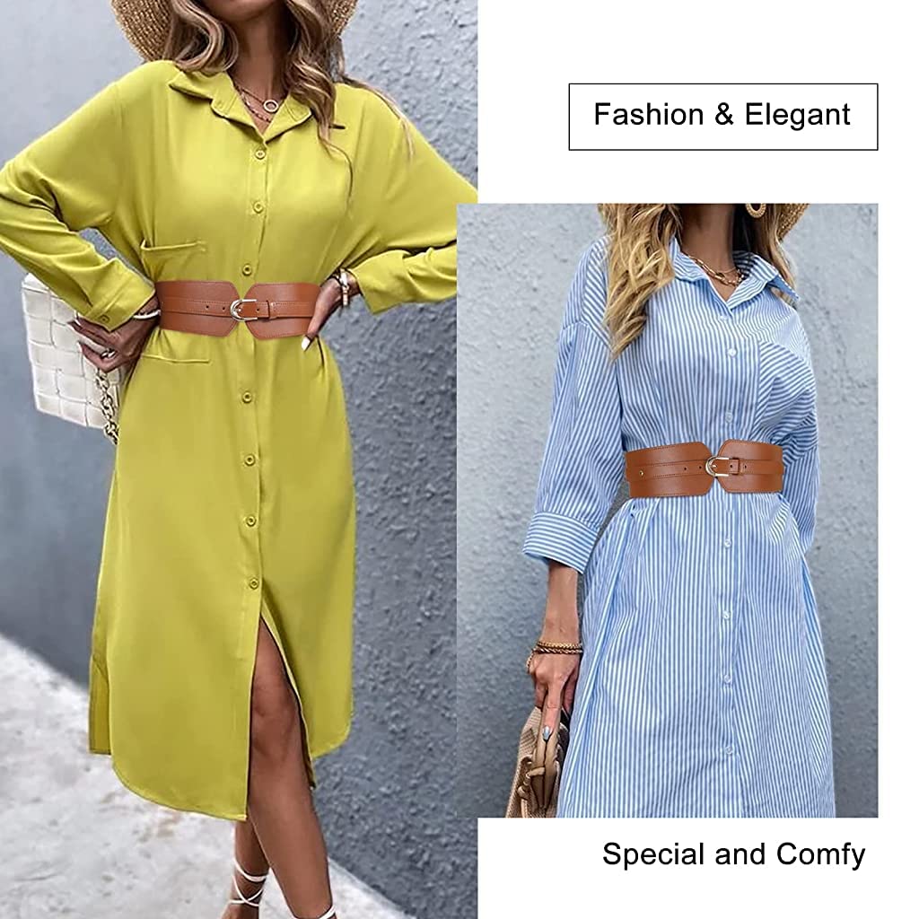 PALAY Fashion PU Width Belt,Women's Metal Buckle Design Belt Interlocking Buckle Vintage Blouse Blazer Dress Belt (Brown,23-33 inches)