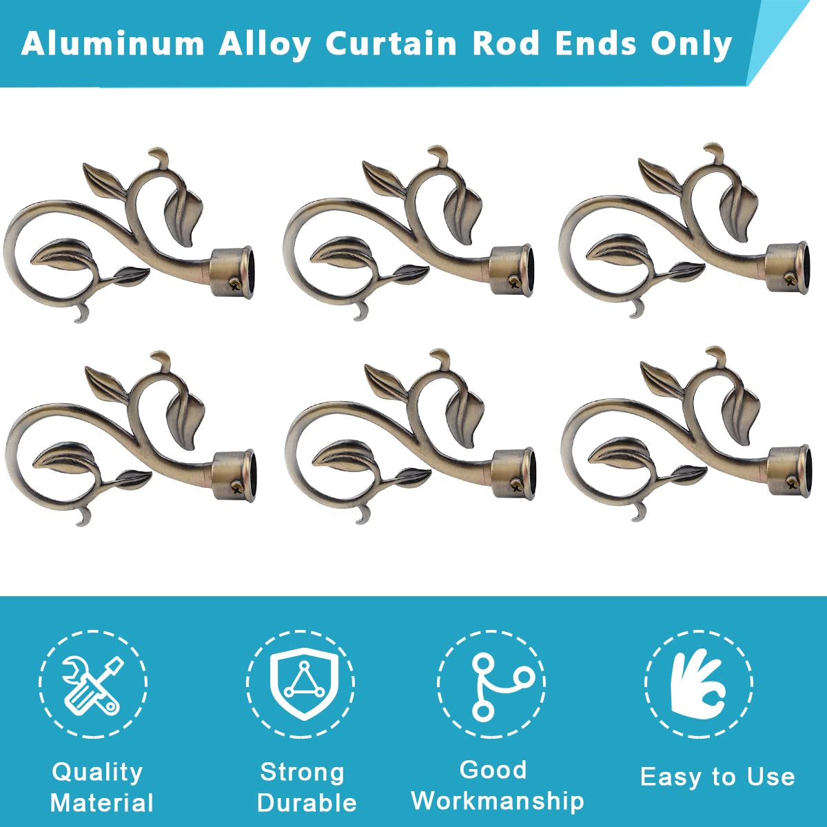 HASTHIP 6pcs Curtain Brackets Set, Alloy Zinc Modern Curtain Rod Finials/Curtain Fittings Fits for Dia. 20-22.5mm Curtain Rods