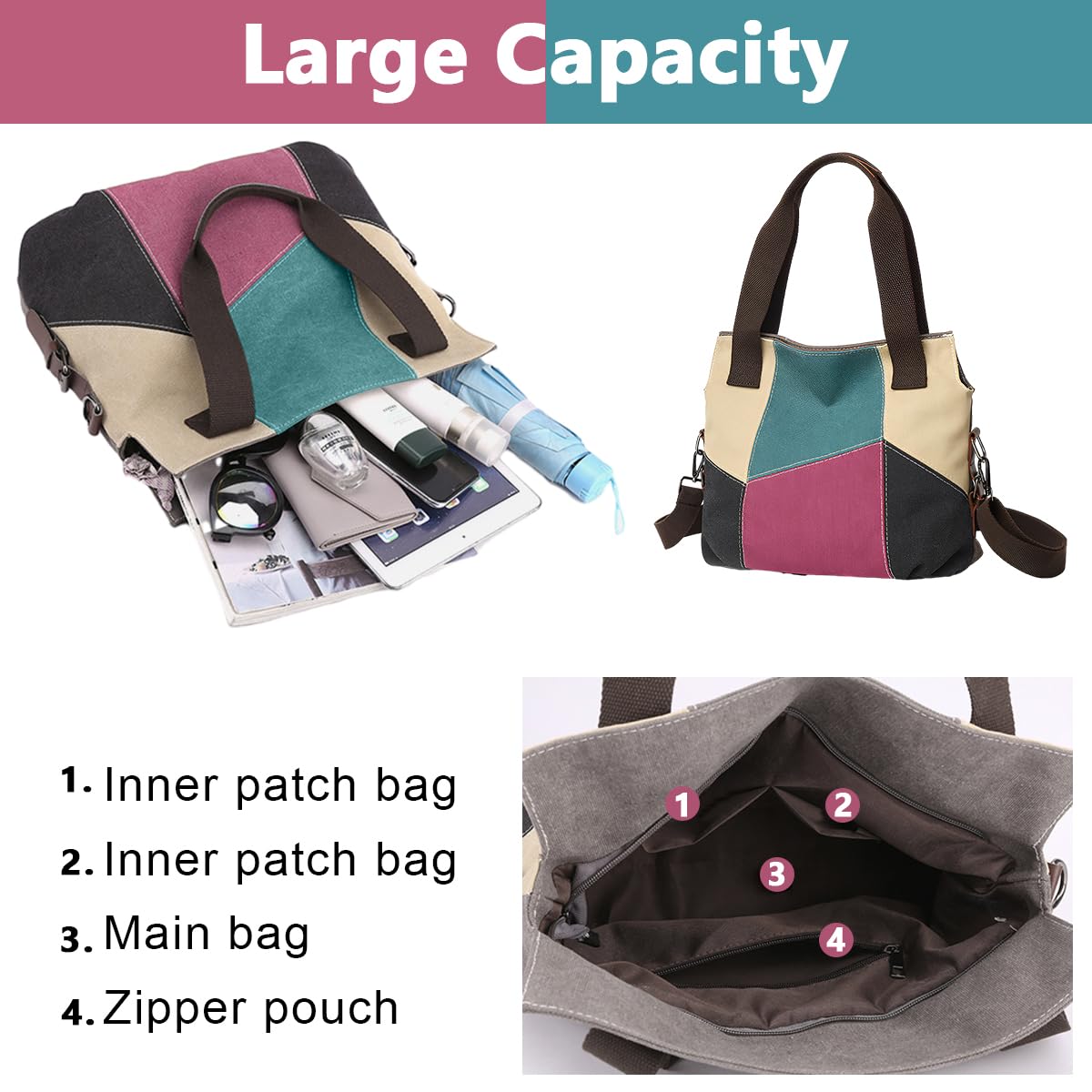 PALAY Canvas Tote Shoulder Bag Handbag for Women Fashion Patches Style Tote Bag with Detachable Shoulder Strap Large Canvas Tote Bag for Daily Work Bag for Women