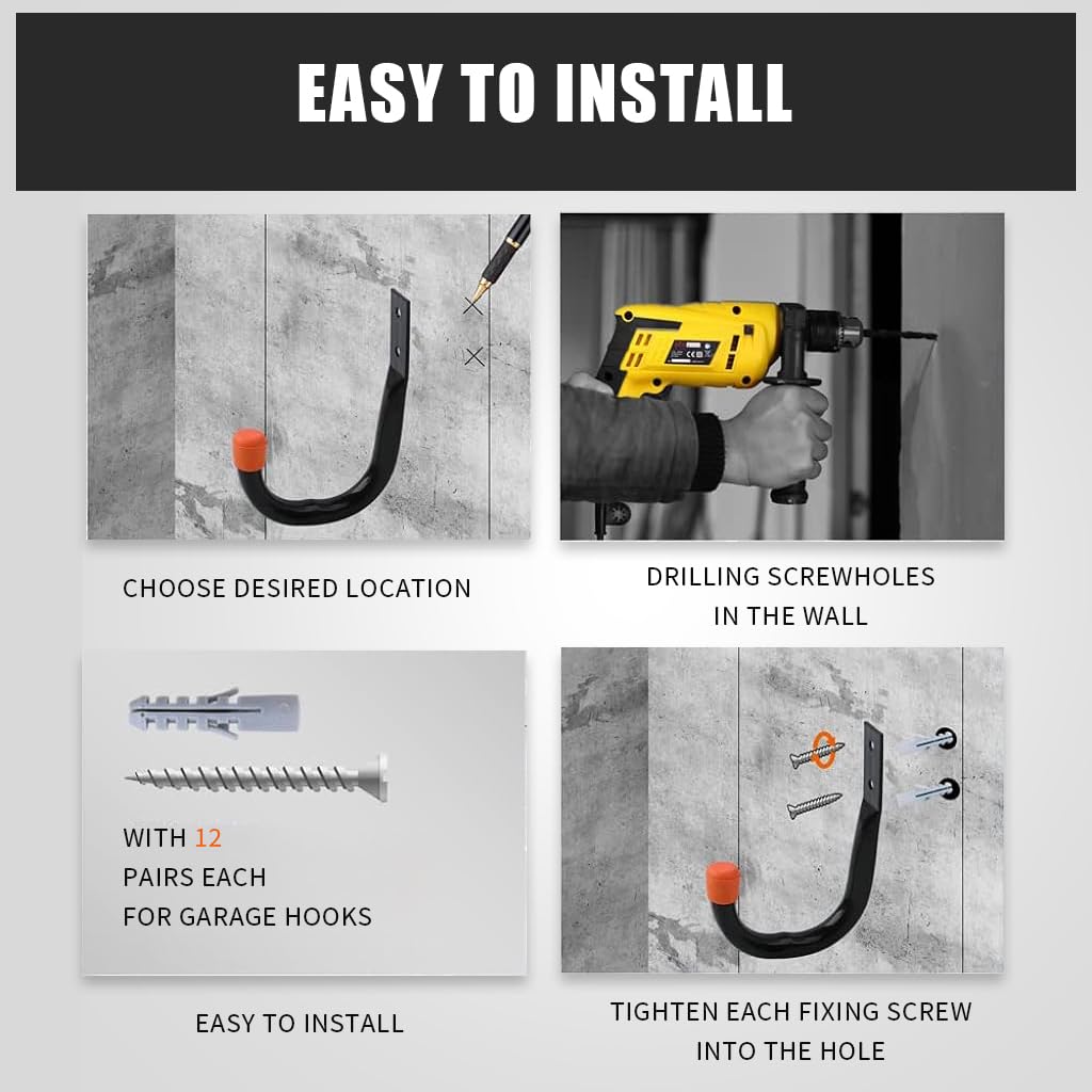 Serplex Heavy Duty Garage Hooks for Hanging, 6pcs Metal Utility Hooks Garage Wall Storage Hooks, Ladder Hooks, Wall Mount J Utility Hooks with Wall Anchors and Screws, Metal Hooks for Garage, Garden