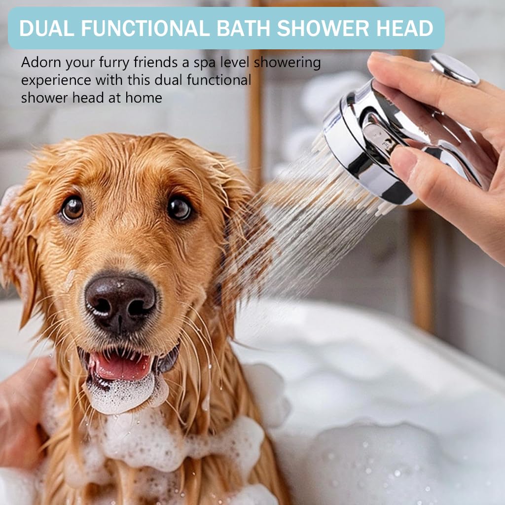 Qpets Pet Shower Head Attachment with Dog Brush, 2 in 1 Grooming Tool Kit for Dogs and Cats, Pet Shower Head for All Breeds and Sizes - Easy Installation & Enhanced Cleaning