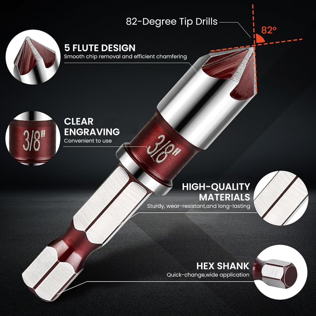 Serplex 5Pcs Countersink Drill Bit Set 3/4'', 5/8'', 1/2'', 3/8'', 1/4'', 82 ° 5-Flute Steel Countersink Drill Bit Universal Hex Shank, Rotatory Tool Countersink Drill Bits for Wood, Metal, Plastic