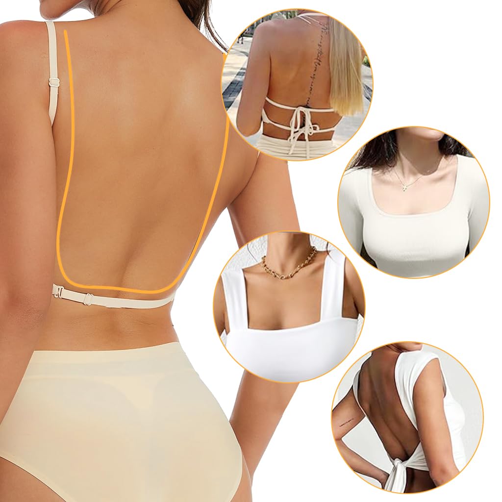 PALAY Women's Low Back Seamless Bras Backless Multiway Convertible Adjustable Strap Halter Lifting Bra Spaghetti Strap Wire-Free with Padded Removeable, Beige, L