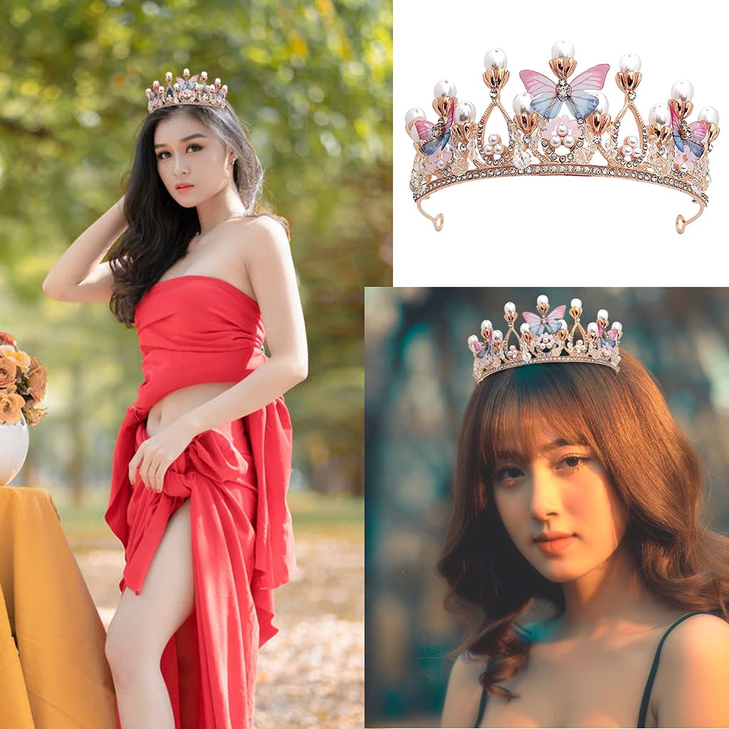 PALAY Crystal Tiara Crown Pearl Princess Costume Crown Headband Flower Pageant Handmade Hair Accessories Cosplay,Birthday,Celebration for Girl Women