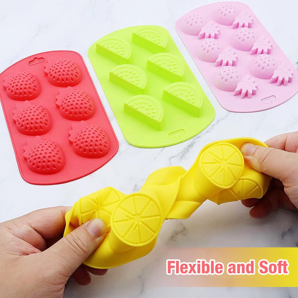 HASTHIP Fruit Molds 4Pcs Food-Grade Silicone Molds with Dripper Fruit Shape Kitchen Molds Baking Tool 6-Grid Kitchen Molds for Chocolate, Candy, Mousse, Ice Cube & Jelly