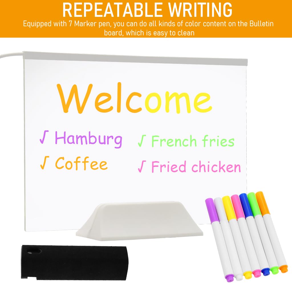 Climberty Hanging 3D Acrylic Writing Board with 7 Color Pen, 11.8'' X 7.9'' Light up Dry Erase Board LED Message Board with Hanging Chain, Reusable Welcome Board Writing Board for Shop, Home, Office