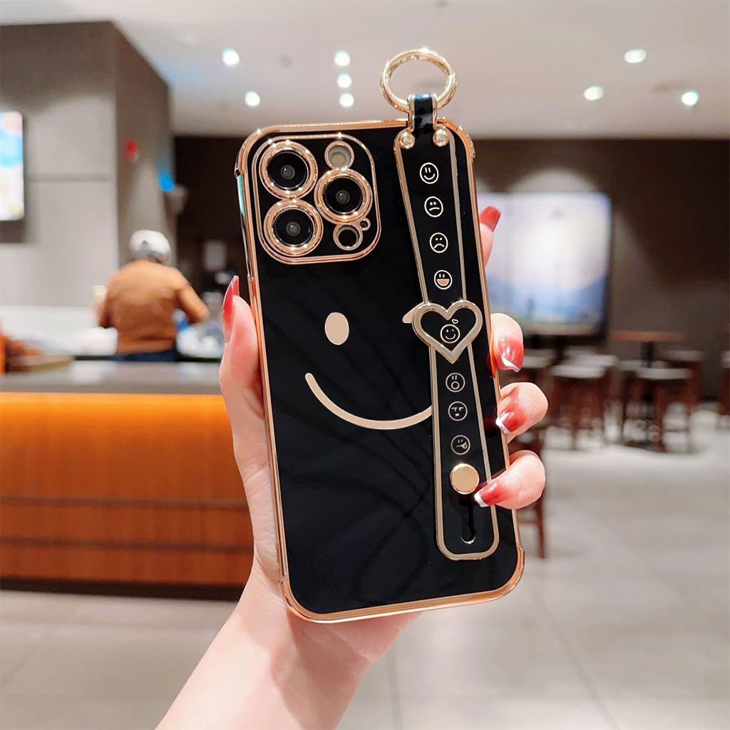 ZORBES Phone Case for iPhone 14 Pro Max Stylish Smile Face Phone Case with Hand Grip Strap & Metal Ring Golden Electroplating Frame TPU Phone Cover for iPhone 14 Pro Max 6.7 inch, Black