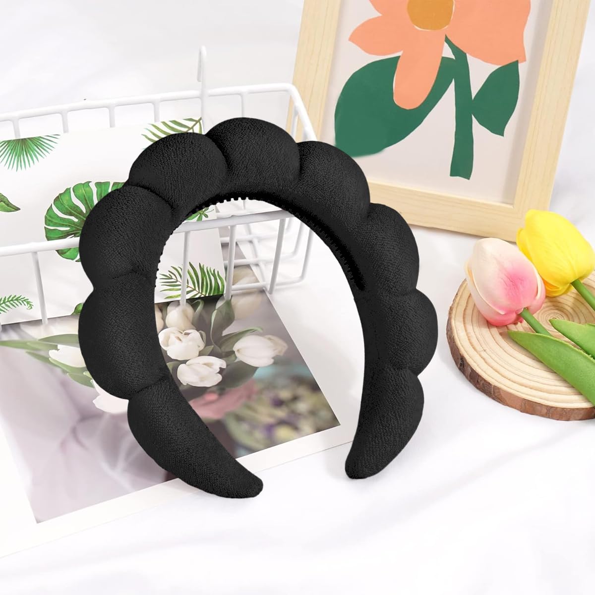 MAYCREATE Spa Facial Headband for Women Washing Face, Puffy Skincare Headbands for Women Girls, Upgrade Anti-slip Terry Cloth Hair Band for Makeup - Black