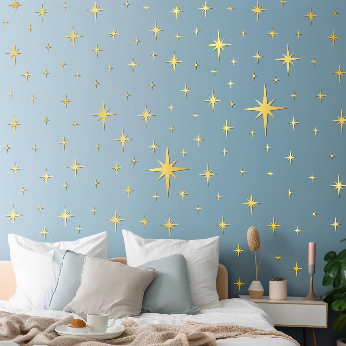 HASTHIP Golden Twinkle Stars Wall Stickers Multi Sizes Mirroring Acrylic Self Adheisve Stars Wall Stickers Background Decor Kids Room Wall Decor Home Decor
