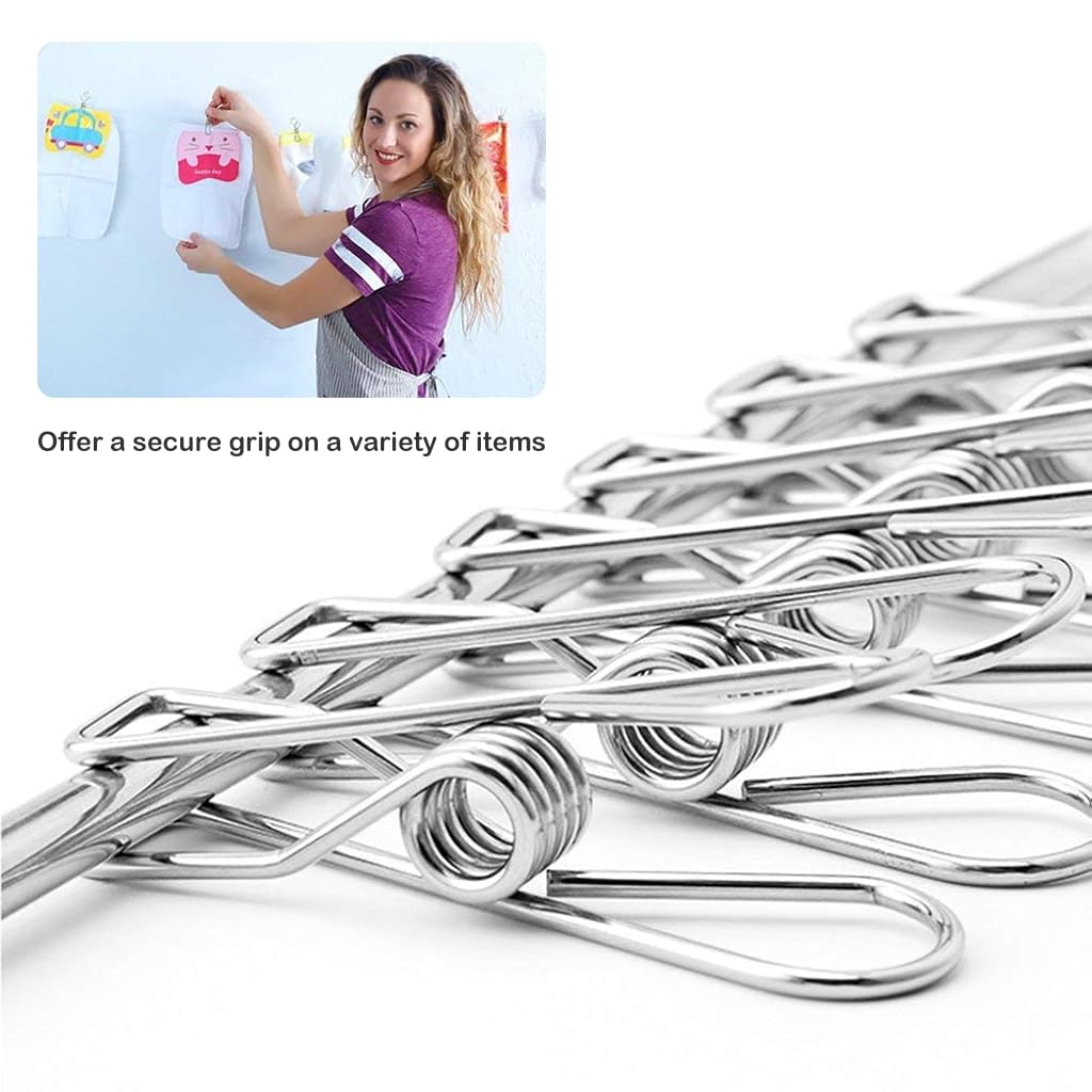 ZIBUYU 20Pcs Metal Clothes Clips Cloth Pins 2.1'' Clothes Drying Clips Clothes Line Stainless Steel Clips Clip Hangers for Clothes Multipurpose Home Office Metal Line Clips for Files, Snacks Bag Seal