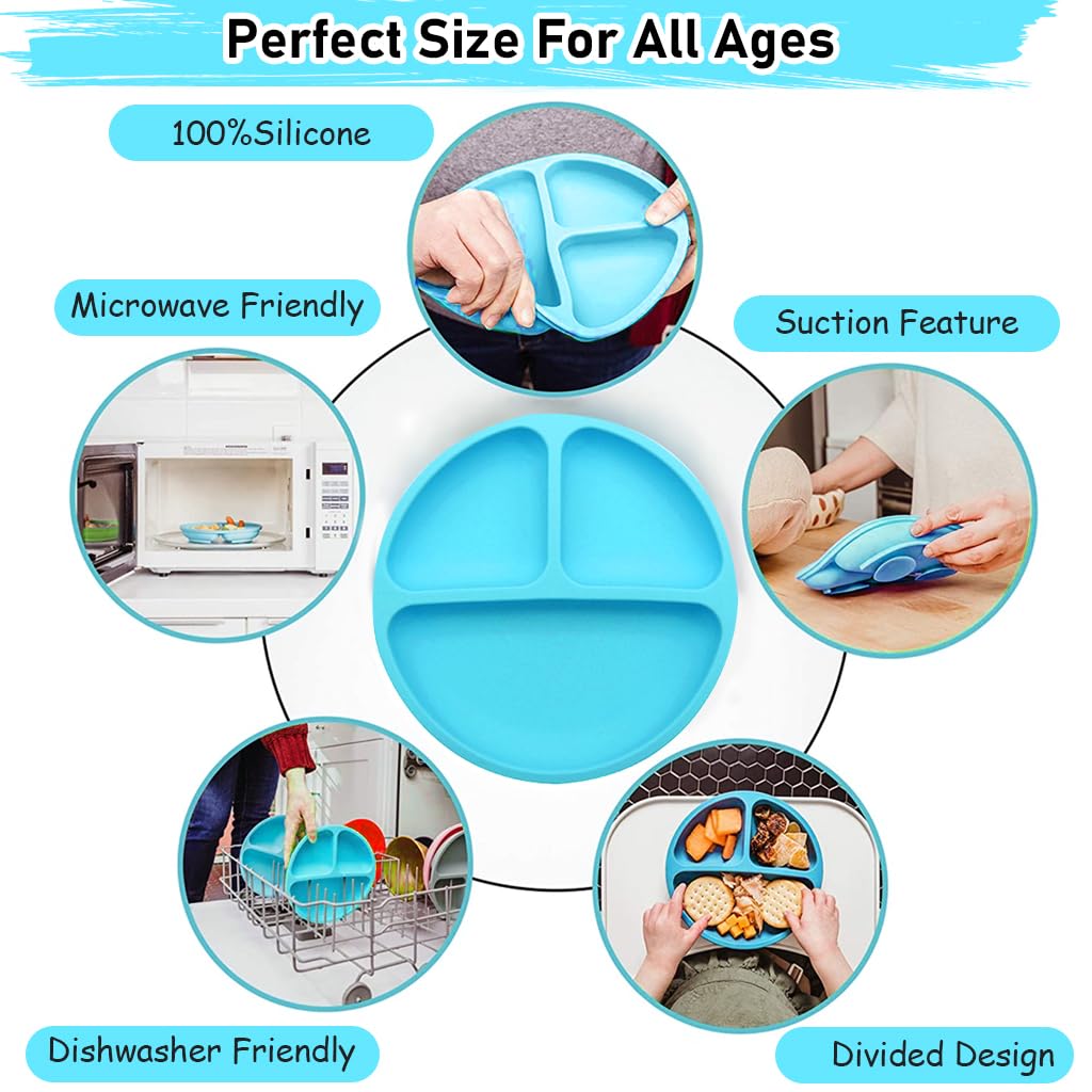 SNOWIE SOFT Suction Plates for Baby Feeding BPA Free Foodgrade Silicone 3-Grid Food Plates for Kids, Young Kids Tableware, Silicone Dinnerware with 4 Suction Cups, Dish Washer Safe (Blue)