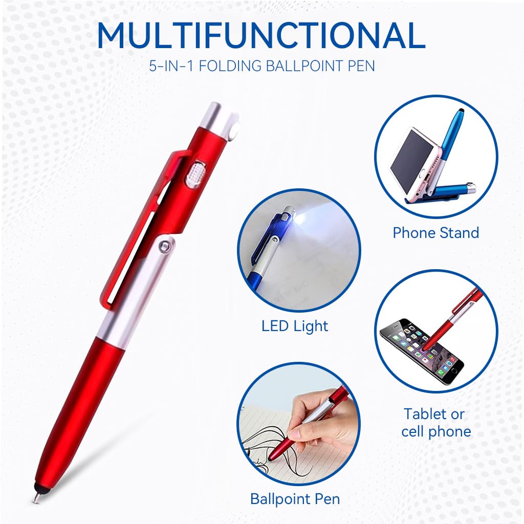HASTHIP 4Pcs Multifunction Stylus Pen for Phone, Foldable Mobile Phone Rack Touch Ballpoint Pen Portable Desk Phone Holder Pen Ballpoint Pen with Led Light, Folding Signing Pen for Office