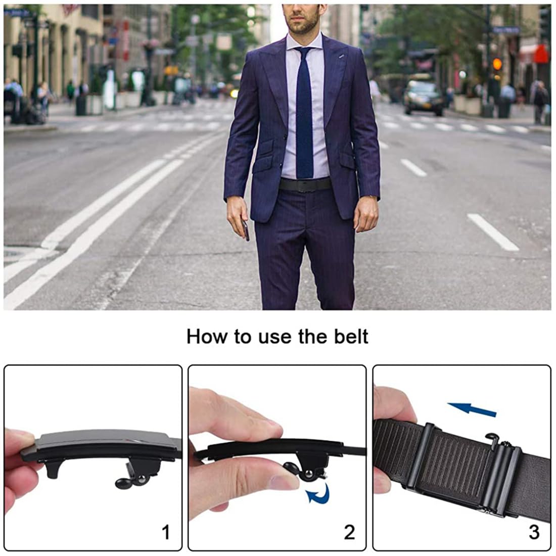 GUSTAVE Men's Genuine Leather Auto Lock Buckle Belt -Free Adjustable Belt for Men-(Black1)