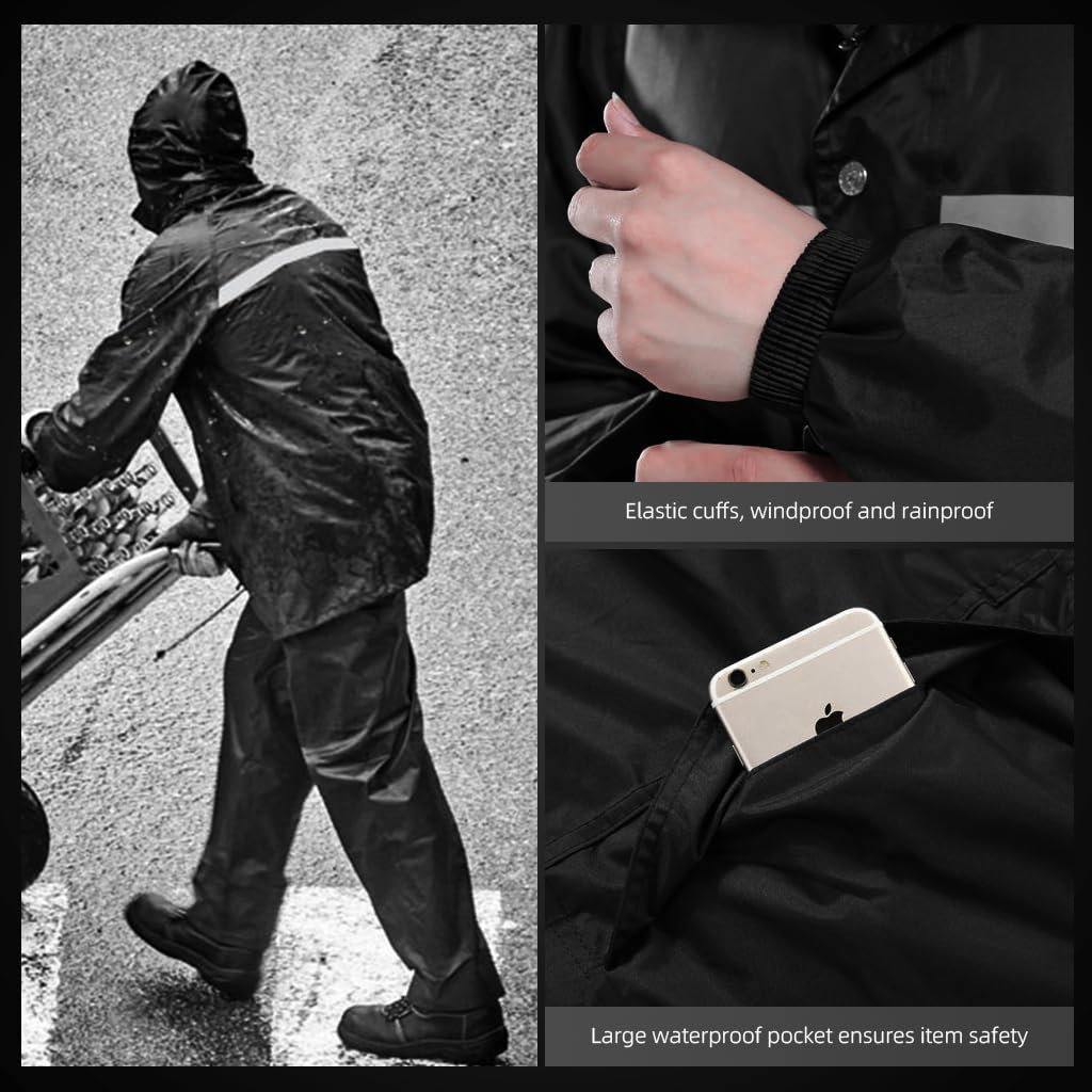 GUSTAVE Men Rain Suit 2-Piece Adult Rain Jacket Hoodie with Transparent Wide Brim Double Oxford Cloth Rain Coat with Mesh Lining Dual Hood Brim Reflective Rain Suits Rain Trousers, XXXL
