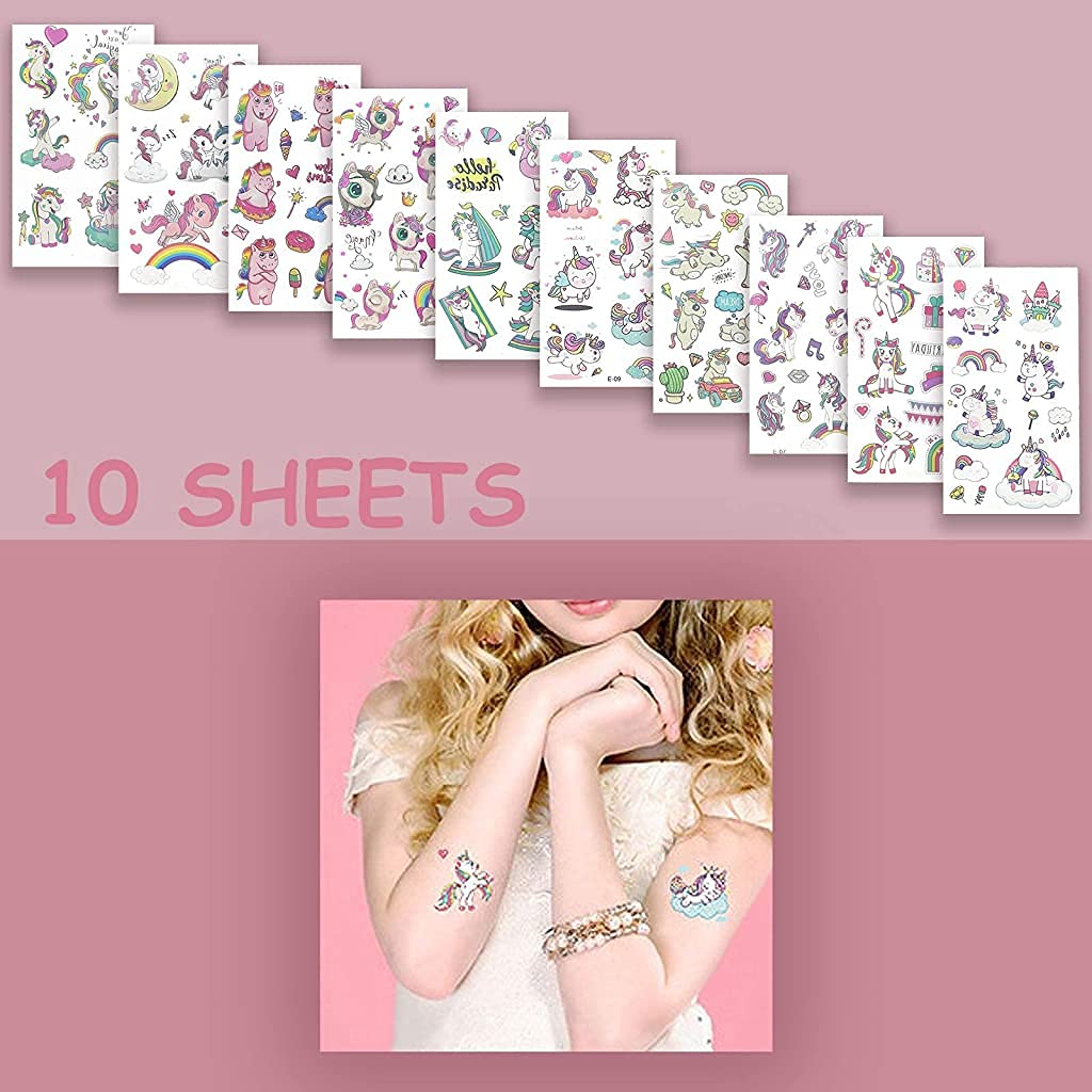 MAYCREATE® 10 Sheets Unicorn Tattoos Sticker for Kids Girls 50+styles Waterproof Sweet Tattoo Stickers for Party Favors Supplies and Children Accessories Gift
