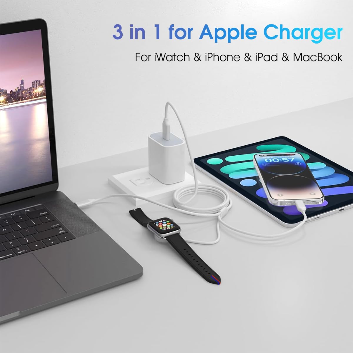 Verilux for Apple Watch Charger, 3 in 1 iWatch Charger PD 60W Fast Charging Cable Compatible with iWatch Series 9/SE/8/7/6/5/4/3/2/1 & for iPhone 15/14/13/12 Series/AirPods & iPad, 6ft/1.8m
