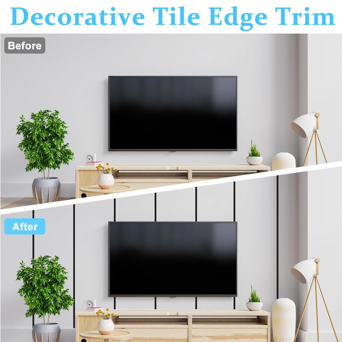 HASTHIP 16.4ft Black Metal Trim Wall Strip, 201 Stainless Steel Self Adhesive Peel and Stick Wall Trim Metalized Mirror-Like Finish for Wall Ceiling Floor Cabinet Tile Edge Moulding (Black)