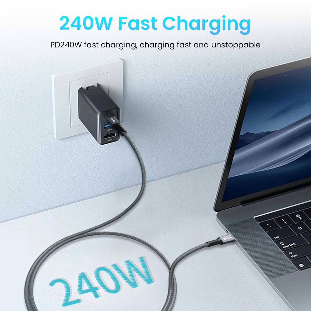Verilux® USB C to USB C Cable USB 4 Cable PD 240W Fast Charging Cable Data Cable Compatible Thunderbolt 4/3, Support 8K/6K@60Hz & 40Gbps Data Transfer for MacBook Pro/Air Samsung S22