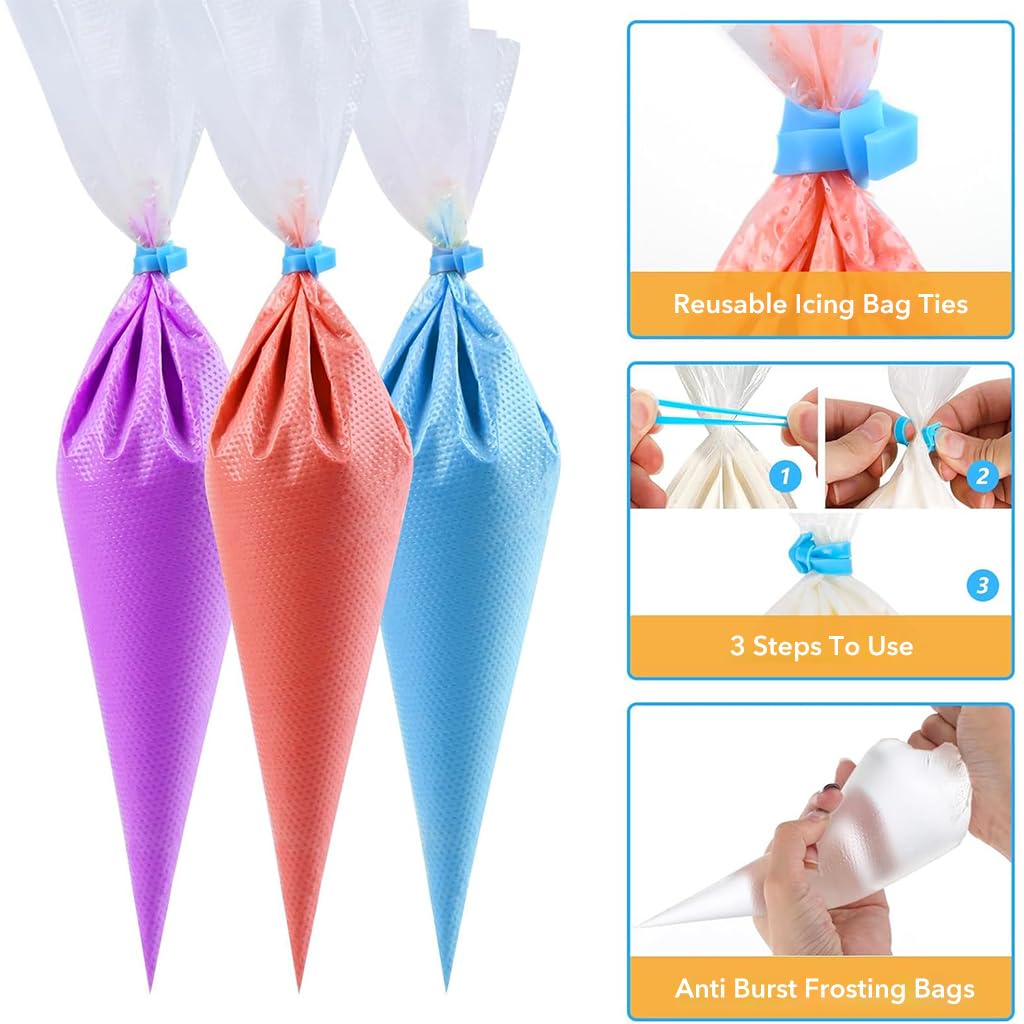 HASTHIP Tipless Piping Bags, 100Pcs Piping Pastry Bag for Royal Icing/Cookies Decorating, Cake Decorating Supplies Kit with 10 Piping Bags Ties, 10 Bag Clips & 2 Scriber Needle