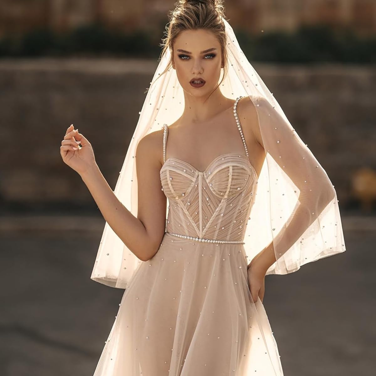 PALAY Pearl Bridal Veil for Wedding White 1 Tier 1m Cathedral Tulle Veil with Comb, Elegant Fingertip Length Wedding Veil for Bride