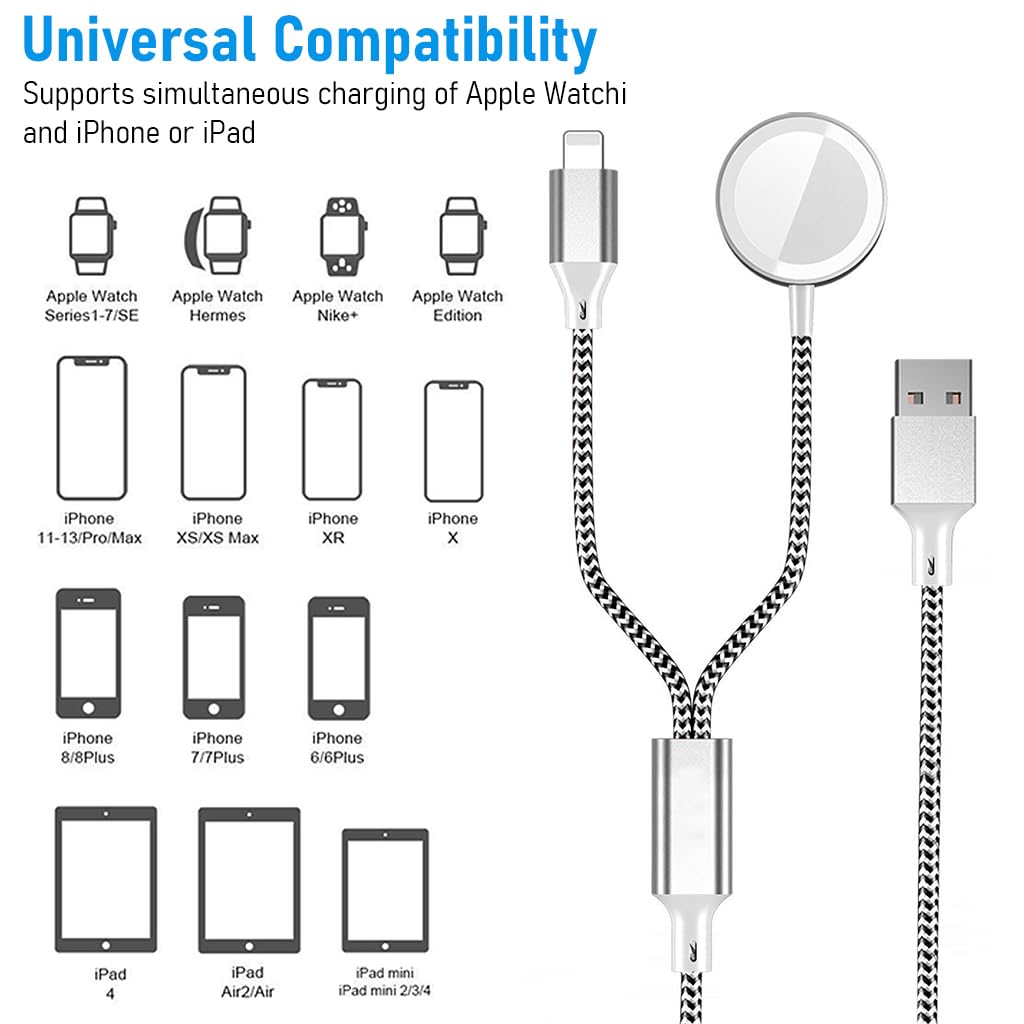 ZORBES 2-in-1 Smart Watch Charger for Apple Watch Charger for Apple Watch Se/6/5/4/3/2/1&for iPhone 14/13/12/11/Pro/Max/Xr/Xs/X/Airpods Series for Apple Watch Charger Cable Charging,3.3Ft,Silver