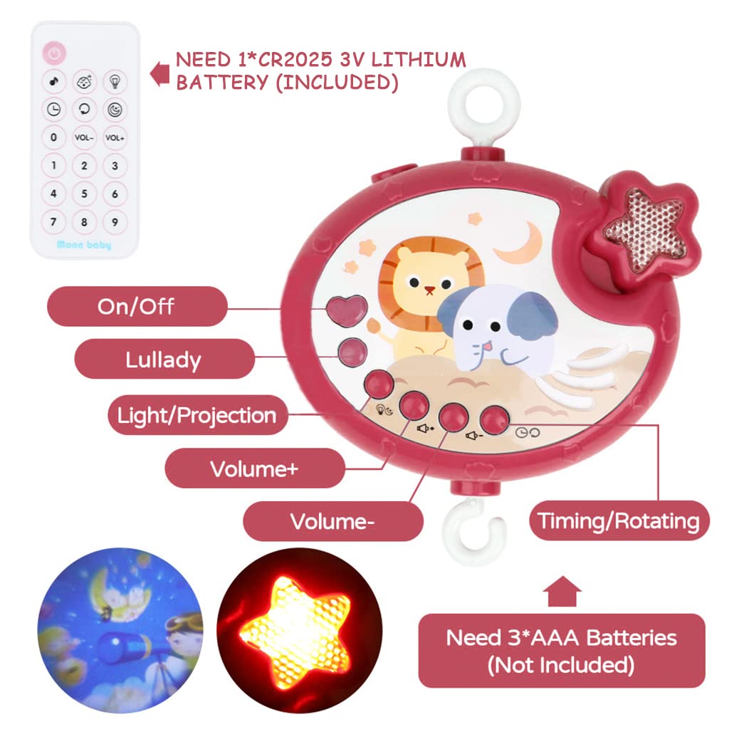 PATPAT Crib Hanging Toy for Babies, Electric Rotation Crib Soothe Toy Multifunctional Crib Hanging Toy with Lullabies, Timing, Projection, Night Light, Crib Hanging Toy for Baby 3-6 Month (Red)