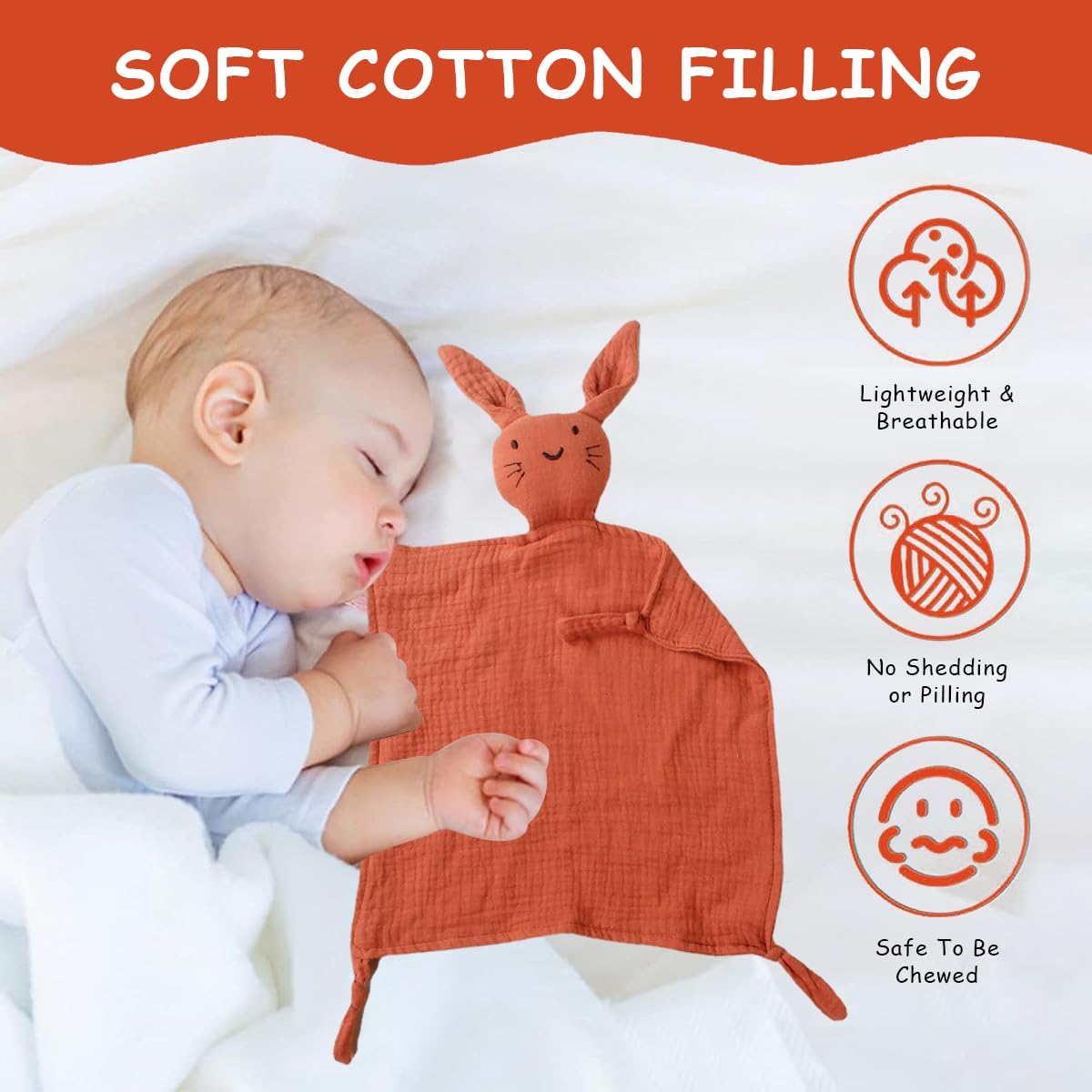 SNOWIE SOFT Set of 3pcs Baby Soothing Comforter Towel Bib Wooden Teether Ring Cartoon Bunny Soothing Towel 100% Cotton Handkerchief Hand Gripping Towel, Face Towel for Baby 0-12 Months