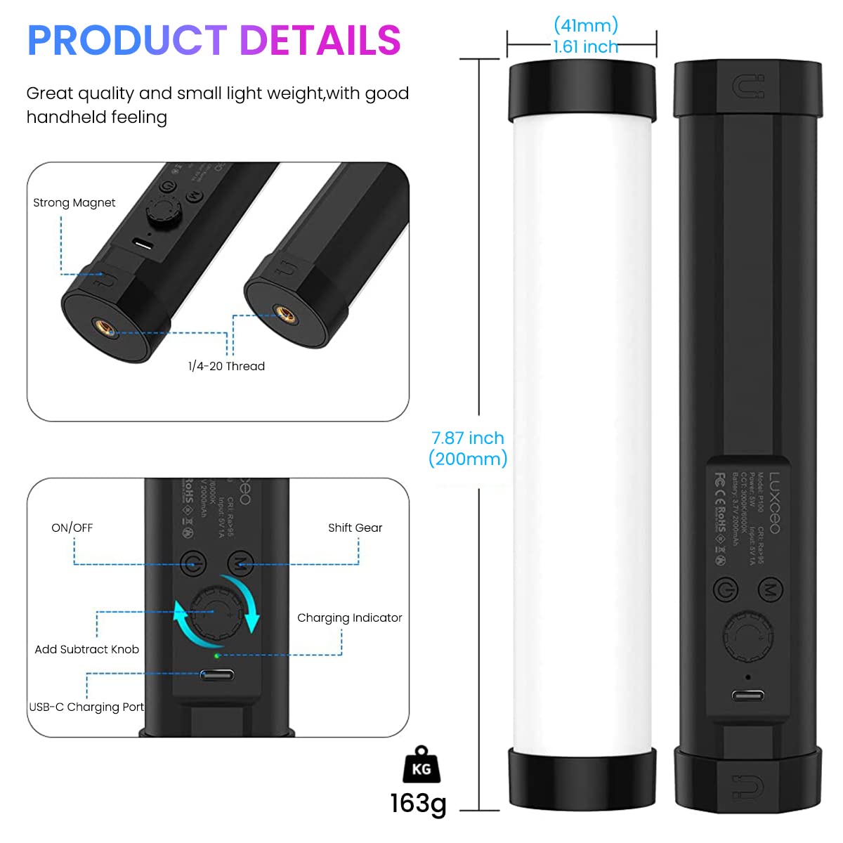ZORBES RGB LED Light Stick For Photography, Photography Light With RGB CCT Scene Mode, 3000K-6000K Adjustable, 360° Rotation Megnetic Suction Design, 2000mah Battery for YouTube Photoshoot LiveStream