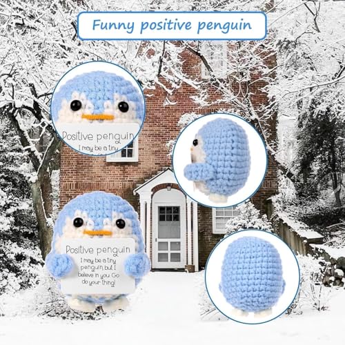 ZIBUYU® Handmade Crochet Penguin Toys Desk Decor with Positive Message Card Cute Motivational Gift for Office Home Baby Nursery Blue 2PCS