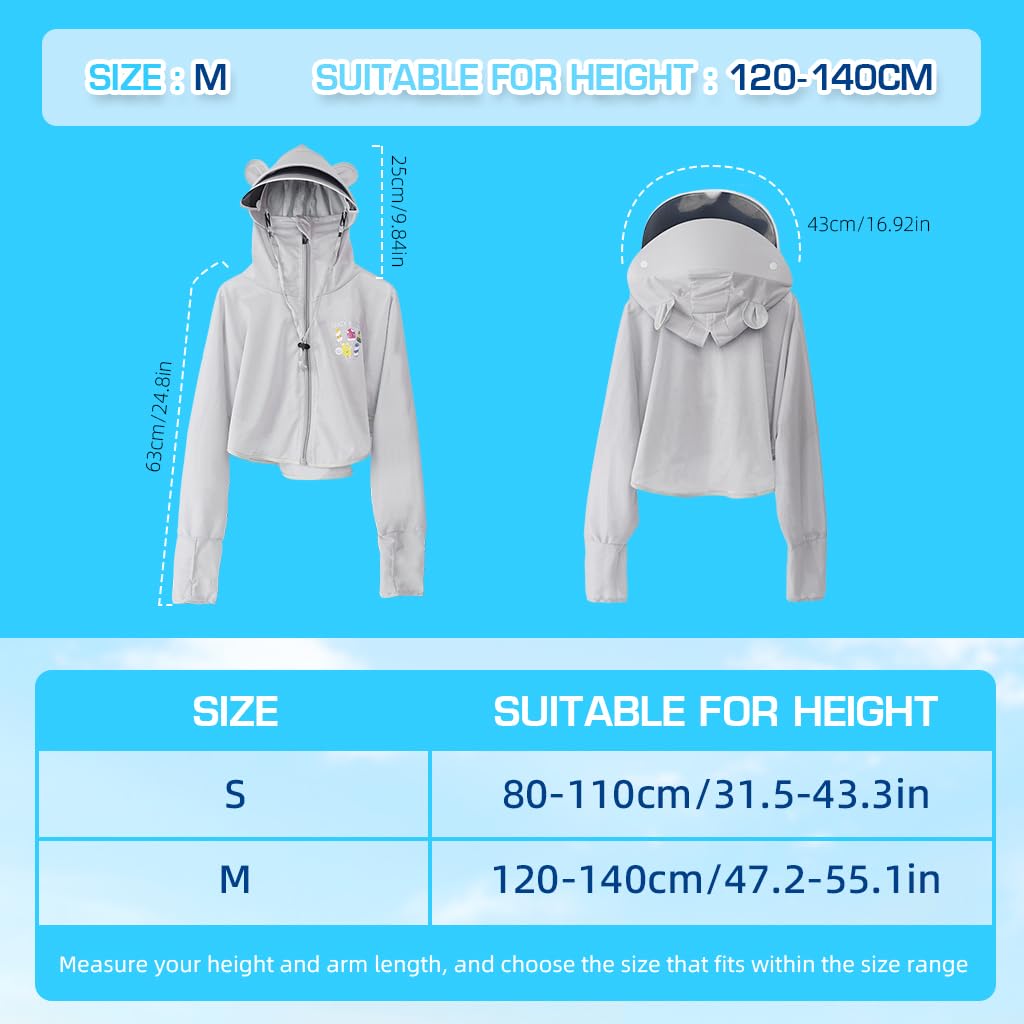 PALAY Sun Protection Hoodie Toddler UV Protection with Protective Goggles Jacket Girls Long Sleeve Shirt UPF50+ Lightweight Hoodie with Thumb Hole 3-12Years(Suggested height of 120-140cm grey)