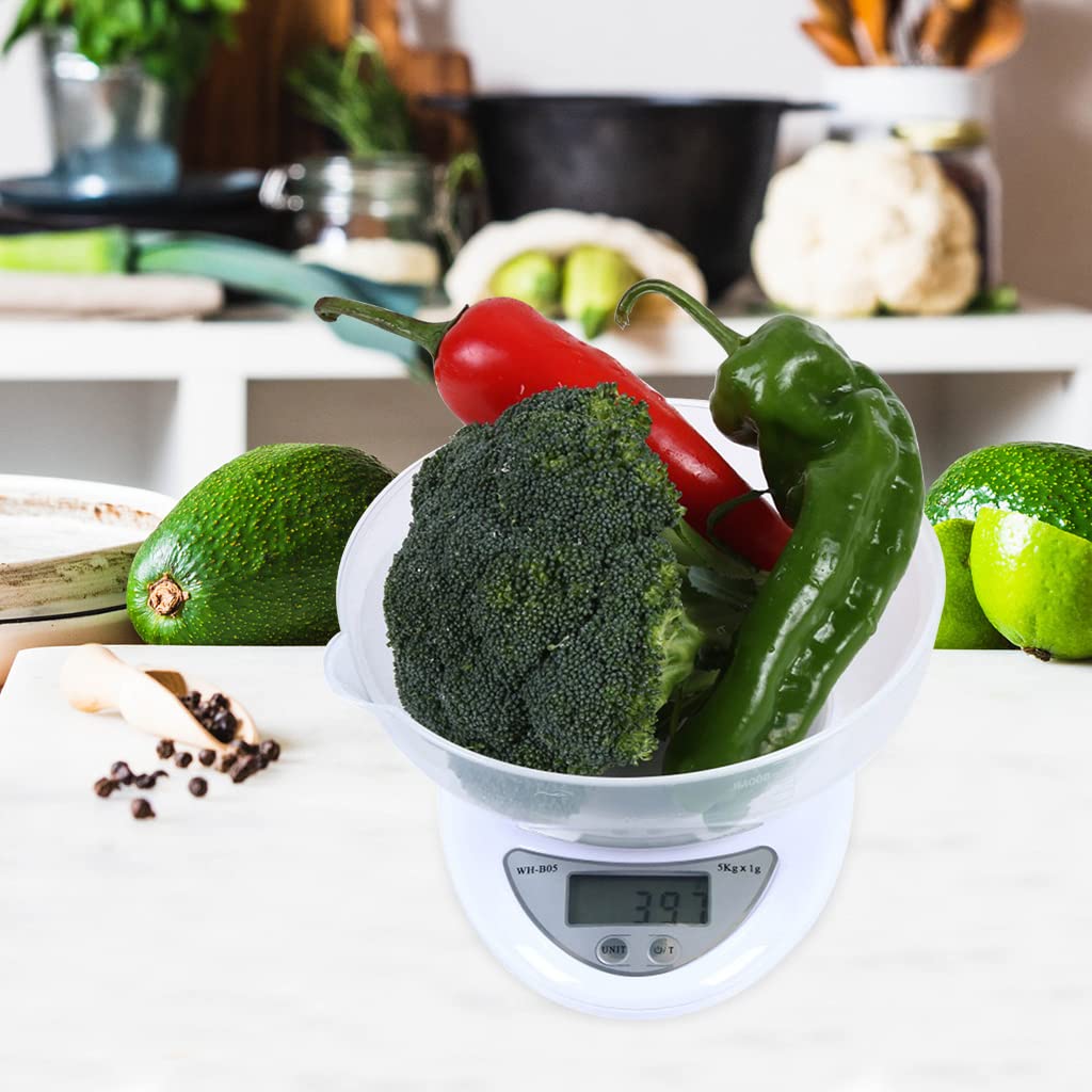 HASTHIP Kitchen Weighing Scale with Bowl, 5kg Food Weight Machine with 3 Unit Switchable, Ultra Accurate Digital Kitchen Scale for Meal Preparation, Baked Goods and Weigh Food, Battery Powered