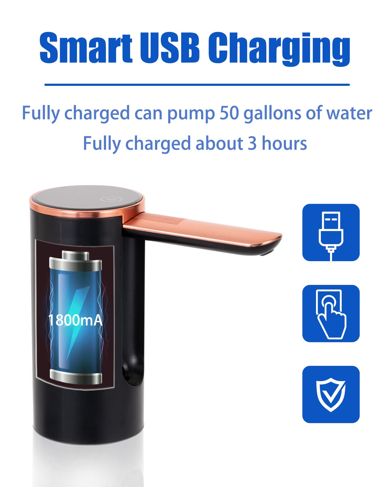 HASTHIP USB Rechargeable Automatic Water Pump - Portable Water Dispenser Pump with Fold Down Spout Digital Display Automatic Can Water Bottle Pump for 20 Litre Bottle Can Home Office Outdoor (Black)