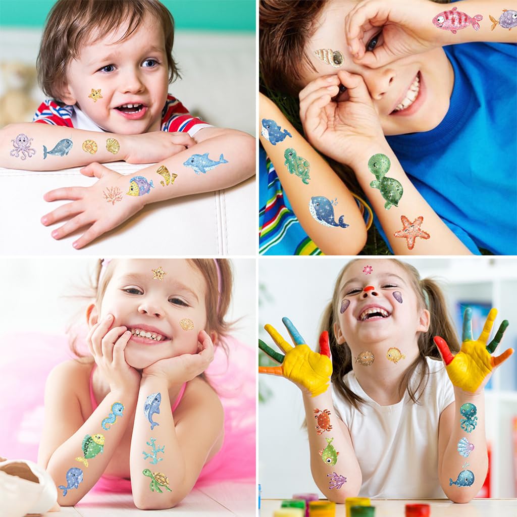 MAYCREATE Tattoo Sticker for Kids, 10 Sheet Glittering Temporary Tattoo, Cartoon Ocean Animals Fake Tattoos for Girls Boys Birthday Parties, Group Activities