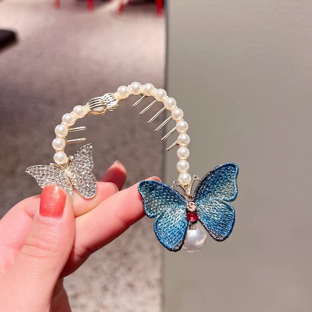 PALAY Hair Bun Accessories for Women Pearl Butterfly Bun Holder Hair Style Clip, Stylish Metal Rhinestone Twist Hair Bun Clips for Ladies Bride Party or Daily