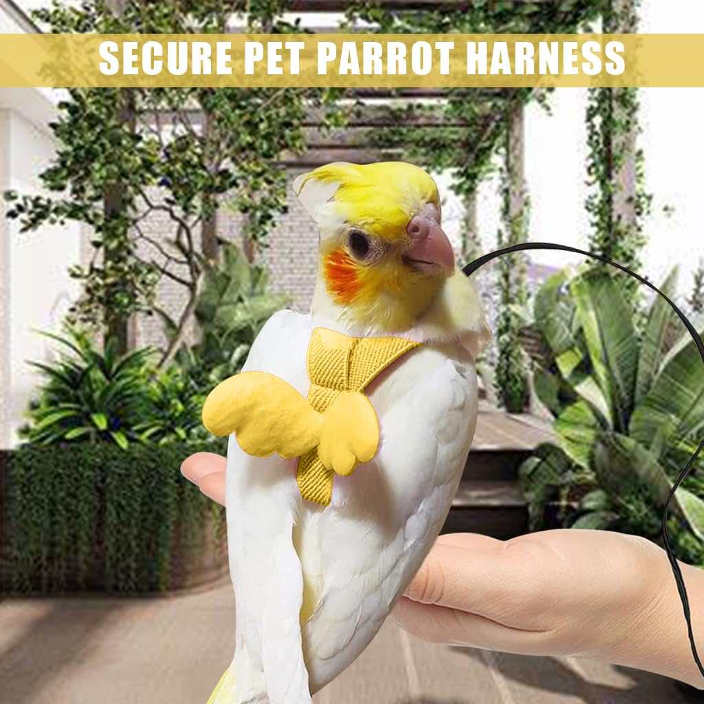 Qpets Pet Parrot Bird Harness, Anti-bite Outdoor Parrot Bird Flight Safety Belt for Parrot Training, Bird Toys Elastic Rope with Cute Angel Wings for Parrot, Yellow
