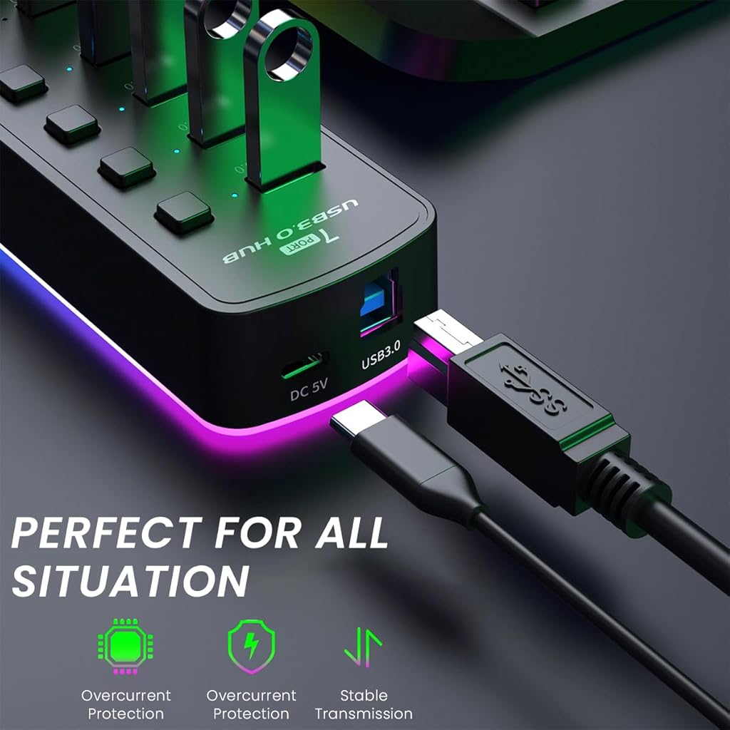 Zeitel 7 in 1 USB Hub with Color Light Extension Hub 5Gbps High Speed USB C Hub with 7 Ports & Individual Switch Universal USB Hub for USB Flash Drives, Keyboards, Webcams, USB Fans, Card Readers
